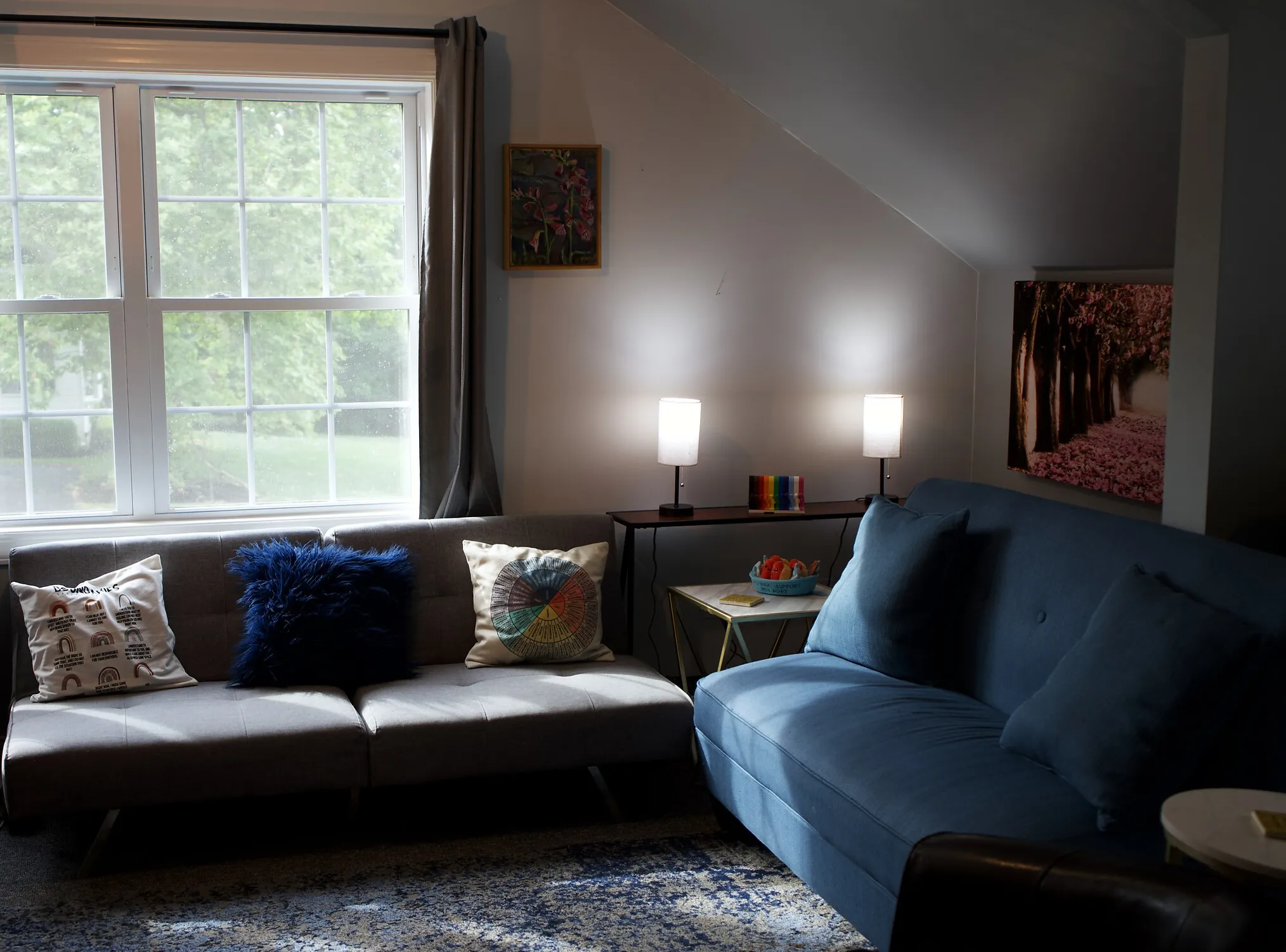 A warm, unhurried lounge area at the Chadds Ford office, with soft seating and natural light